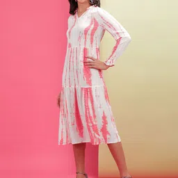 Freehand by The Indian Garage Co White  Pink Tie  Dye Printed Tiered A-Line Midi Dress image 4