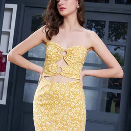 Berrylush Yellow Floral Printed Cut Outs Cotton Bodycon Dress image 1