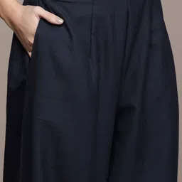 Anouk Women Navy Blue Regular Kurta with Palazzos & With Dupatta image 2