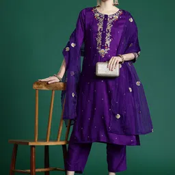 Indo Era Floral Embroidered Thread Work Kurta With Trousers & Dupatta image 1