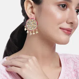 Peora Pink & Gold-Toned Circular Stone Studded & Beaded Drop Earrings-picture-44