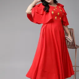 YASH GALLERY Plus Size Red Ethnic Motifs Embroidered Flutter Sleeves Maxi Dress image 5
