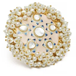 Peora Pink Gold-Plated Enamelled Kundan & Pearls Adjustable Finger Ring-image-66