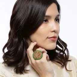 Zaveri Pearls Gold Toned & Green Stone Studded Adjustable Finger Ring image 5