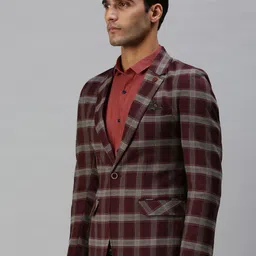 SHOWOFF Men Maroon & Grey Checked Printed Single-Breasted Slim-Fit Casual Blazer image 4