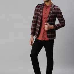 SHOWOFF Men Maroon & Grey Checked Printed Single-Breasted Slim-Fit Casual Blazer image 2