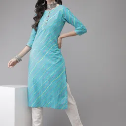 Yufta Women Turquoise Blue & Multicoloured Leheriya Printed Gotta Patti Kurta image 3
