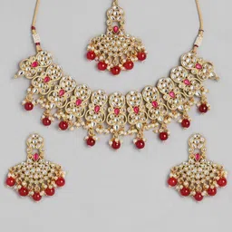Kord Store Red & White Gold Plated Kundan And Beads Studded Necklace Set image 2