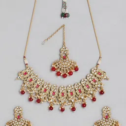 Kord Store Red & White Gold Plated Kundan And Beads Studded Necklace Set image 3
