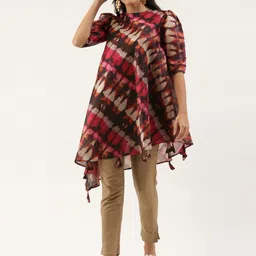 Ethnovog Women PinkBrown Abstract Printed Asymmetric Hem A-Line Kurta image 1