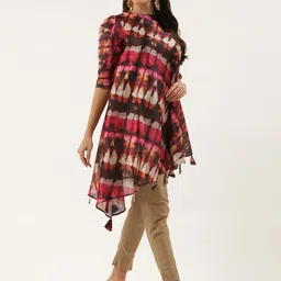 Ethnovog Women PinkBrown Abstract Printed Asymmetric Hem A-Line Kurta image 5