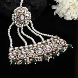 PANASH Gold-Plated White & Green Mirror Work & Pearls Beaded Jhumar Passa-image-45