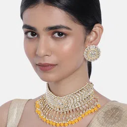I Jewels Yellow Gold Plated Kundan & Pearls Studded Choker Jewellery Set image 1