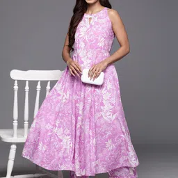Varanga Floral Printed Keyhole Neck Pure Cotton Anarkali Kurta with Palazzos-image-48