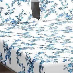 Trance Home Linen Blue Printed 180 TC Cotton Fitted Double King Bedsheet & 2 Pillow Covers image 2