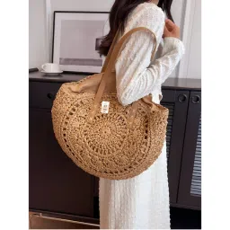 NFI Essentials Bronze Ethnic Knitted Straw Wicker Woven Design Handmade Hobo Beach Handbag-picture-29