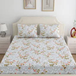 Dreamscape Grey & White Floral 200 TC King Bedsheet with 2 Pillow Covers image 2
