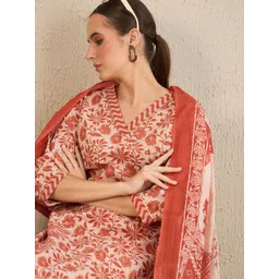 Indo Era Floral Printed Gotta Patti Pure Cotton Straight Kurta With Trousers & Dupatta image 3