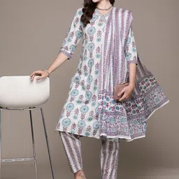 Readiprint Fashions Floral Printed Sequinned Pure Cotton Kurta with Trousers & Dupatta image 5