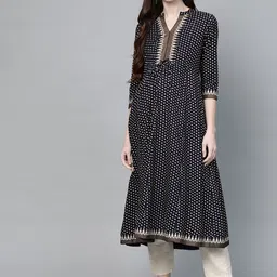 anayna Women Navy Blue & Golden Ethnic Motifs Block Print A-Line Maternity & Nursing Kurta-picture-32