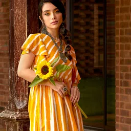 Sangria Mustard Yellow & White Striped Pure Cotton Ethnic A-Line Midi Dress-image-3