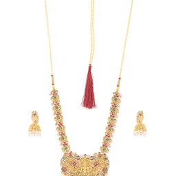 Zaveri Pearls Magenta Gold-Plated Kundan-Studded Goddess Laxmi Temple Jewellery Set image 2