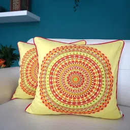 TARA- Sparkling Homes Yellow & Red 2 Pieces Cotton Silk Embroidered Square Cushion Covers image 1