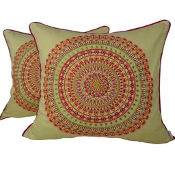 TARA- Sparkling Homes Yellow & Red 2 Pieces Cotton Silk Embroidered Square Cushion Covers image 3