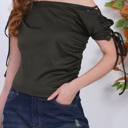 Shein Asymmetrical Neck Lace-Up Detail Ruched Short Top-picture-41