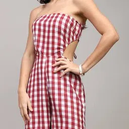 Shein Cute Strapless Cut-Out Waist Backless Checked Playsuit-image-3