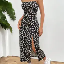 Shein Spaghetti Strap Floral Print Ruched Split Thigh Dress-picture-35
