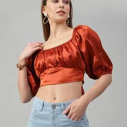 Shein Elegant Square Neck Puff Sleeves Ruched Top with Back Tie-Knot-picture-34