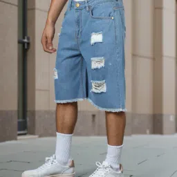 Shein Street Knee Length Frayed Hem Distressed Loose Fit Denim Shorts image 2