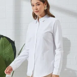 Shein Spread Collar Full Cuffed Sleeve Curved Hem Shirt image 2