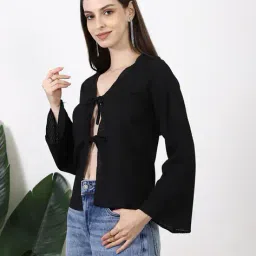Shein Tie-Up Neck Front Open Bell Sleeve Top image 2