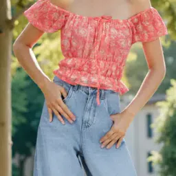 Shein Cute Short Sleeves Abstract Print Cinched Waist Fitted Top-picture-49