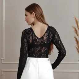Shein Full Sleeve Semi Sheer Back Floral Lace Bodysuit image 3