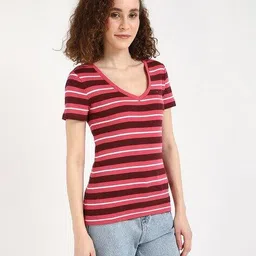 tommy hilfiger Women Striped Fave Core Plus Regular Fit V-Neck T-Shirt image 3
