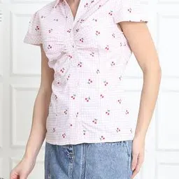 Shein Spread Collar Cap Sleeves Cherry Print Shirt-picture-53