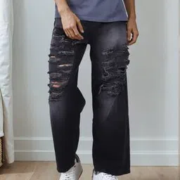Shein Full Length Mid Wash Distressed Baggy Fit Jeans-image-0