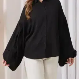 Shein Spread Collar Drop Shoulder Balloon Sleeve Shirt-image-80