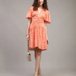 Shein Flutter Sleeve Ruched Floral Print Fit and Flare Dress image 4