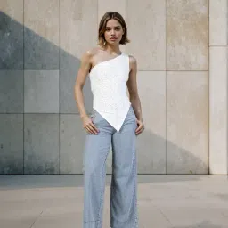 Shein One Shoulder Textured Eyelet Fitted Semi Sheer Top image 4