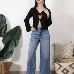 Shein Tie-Up Neck Front Open Bell Sleeve Top image 4