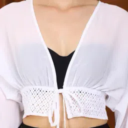 Shein Full Sleeves Crochet Trim Front Tie-Up Semi-Sheer Top image 5