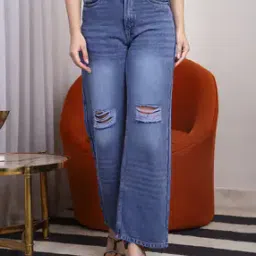 Shein High Rise Full Length Knee Slit Mid Wash Jeans-image-49