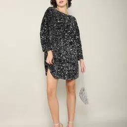 Shein PartySilver Embellished Mini Length Curved Hem Shift Dress-image-26