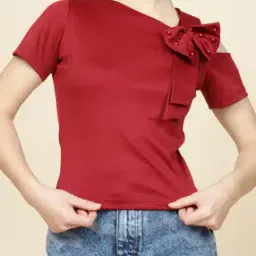 Shein Asymmetrical Neck Short Sleeve Bow Detail Fitted Top-picture-22