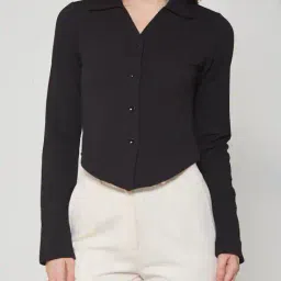 Shein Spread Collar Full Length Sleeve Textured Short Shirt image 1