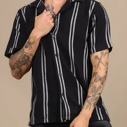 Shein Cuban Collar Short Sleeves Striped Shirt-picture-29